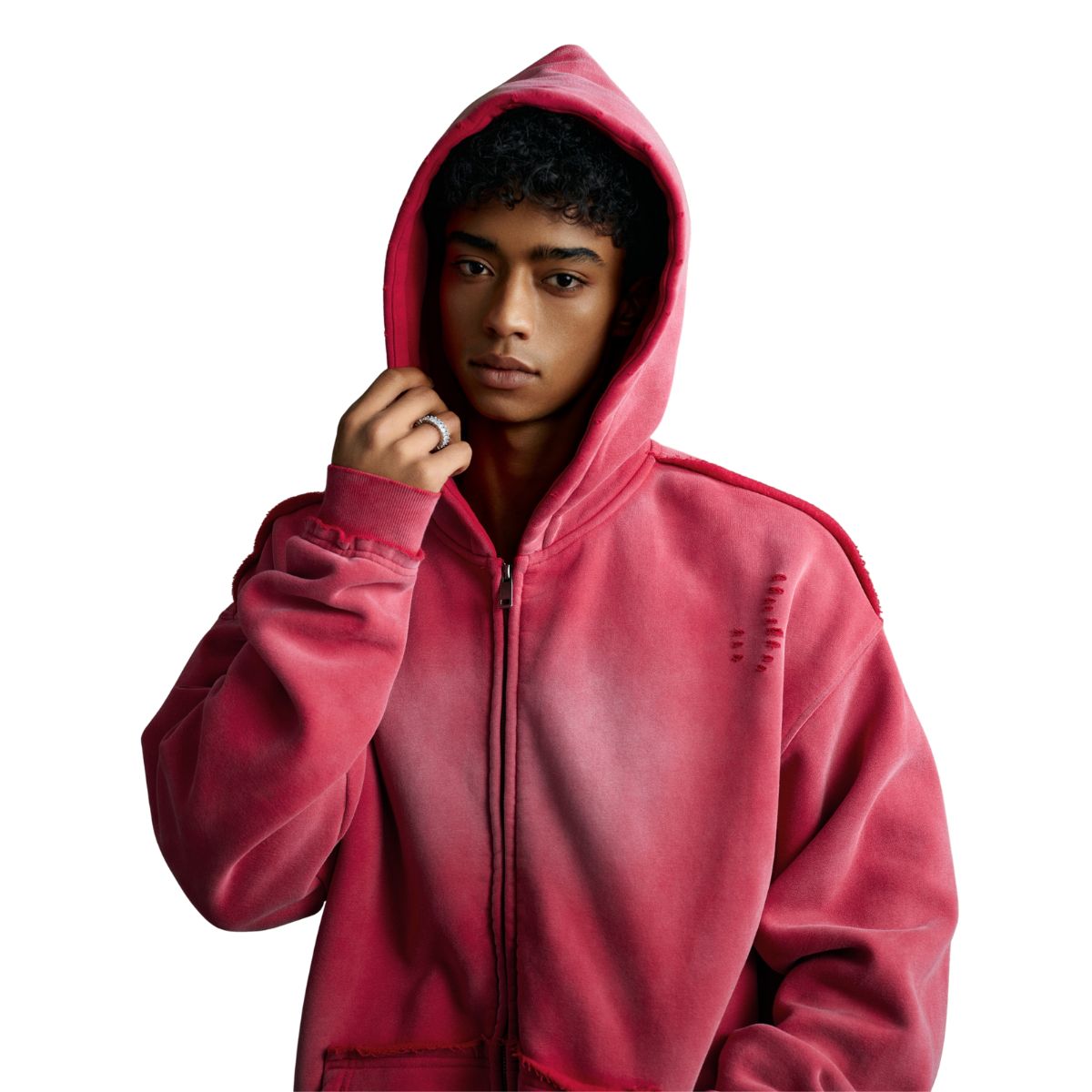 Front-Zip Raw Edge Ripped Hoodie