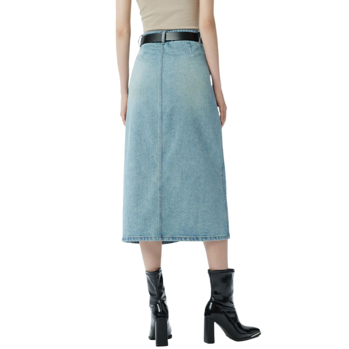 High-Rise Button-Front Denim Midi Skirt