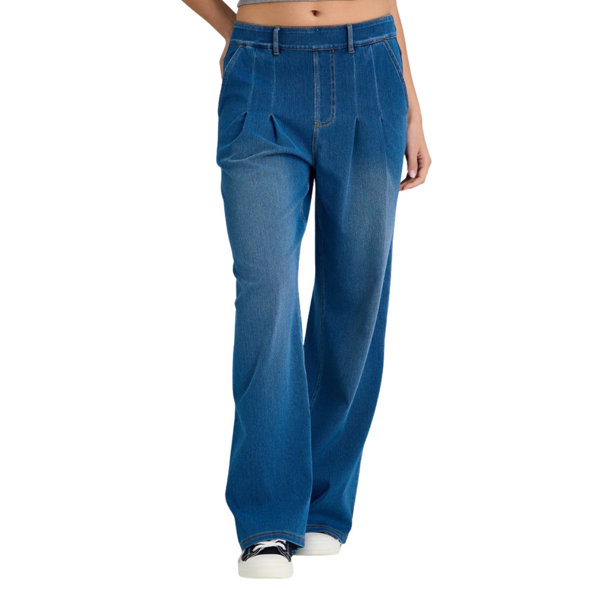 High Waist Vintage Knit Denim Wide Leg Casual Jeans with Pockets