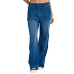 High Waist Vintage Knit Denim Wide Leg Casual Jeans with Pockets