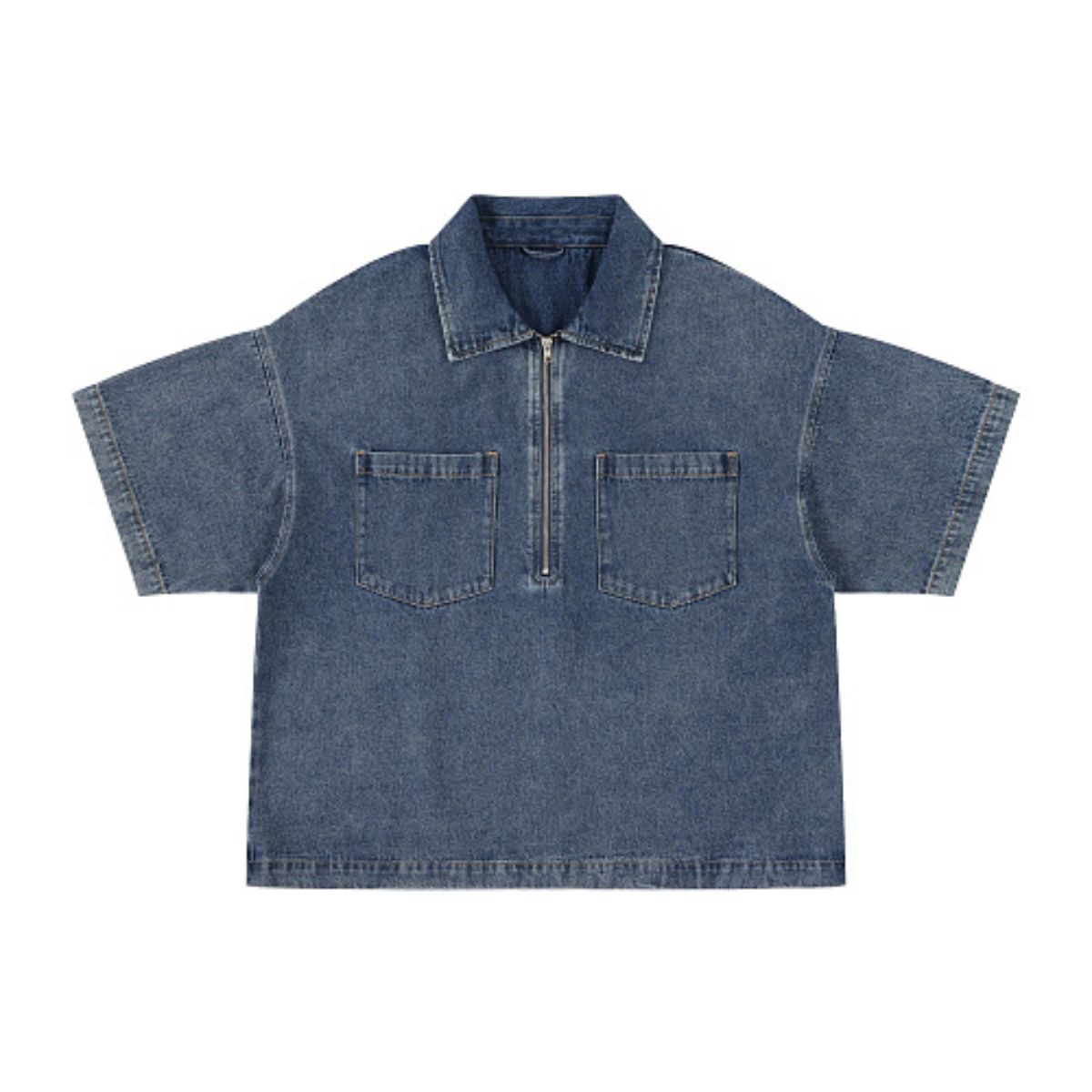 Vintage Washed Denim Zip Polo Shirt
