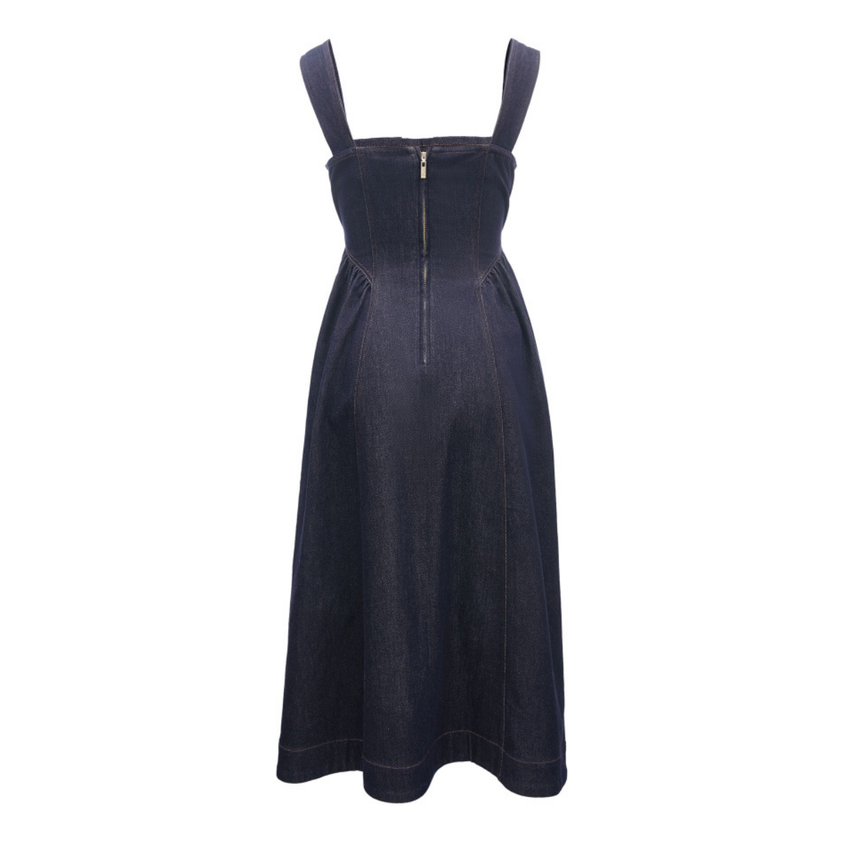 Square Neck Flared A-Line Denim Midi Dress