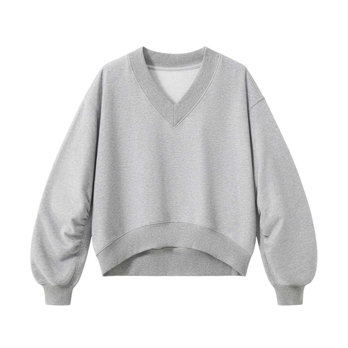 Boxy Short‑Wide V‑Neck Sweatshirt With Gathered Lantern Puff Sleeves