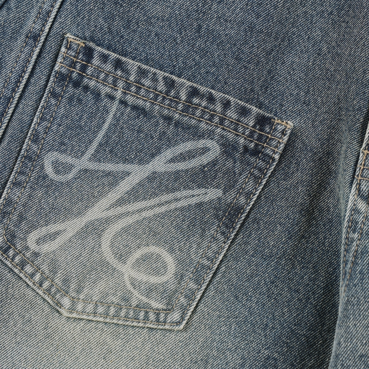 Laser Print Vintage Curved Denim Wide Leg Jeans