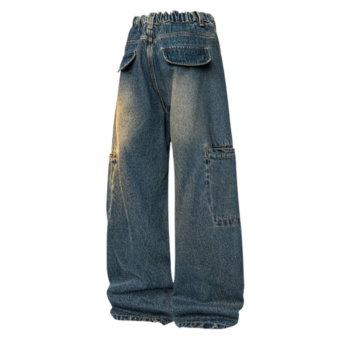 Faded Distressed Pleat Panel Oversized Loose Flared Jeans