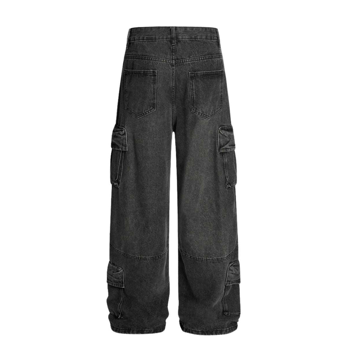 Men's Distressed Washed Denim Cargo Pants Wide Leg Unique Structured