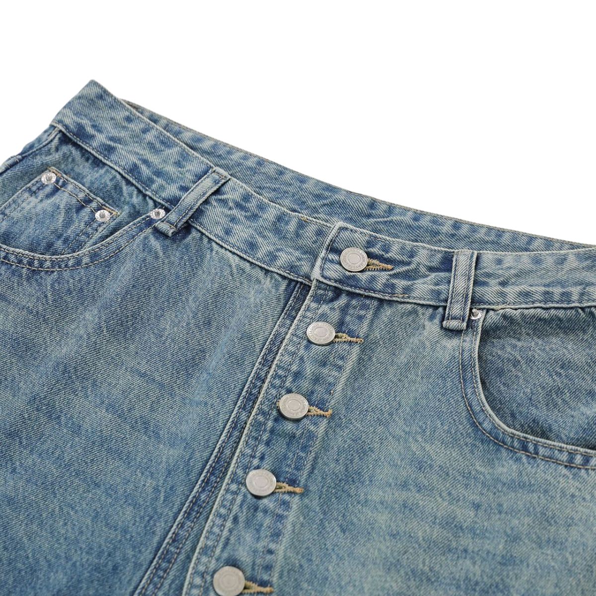 Vintage Washed Asymmetrical Button Denim Bermuda Shorts