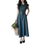 Cap Sleeve Belted Midi Denim Dress