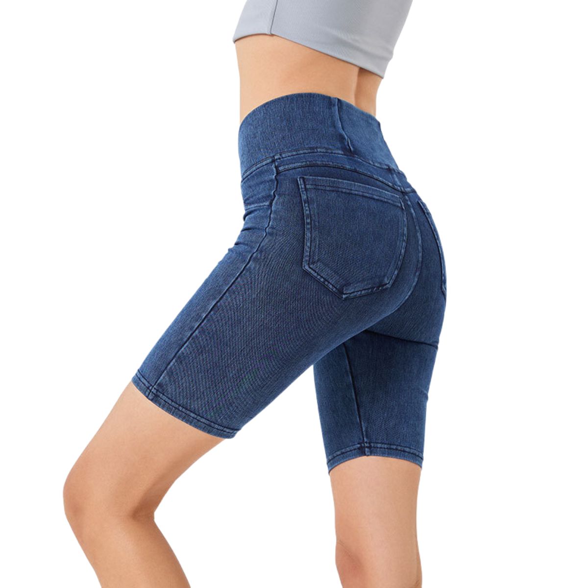 Crossover Waist Washed Stretchy Knit Denim Shorts