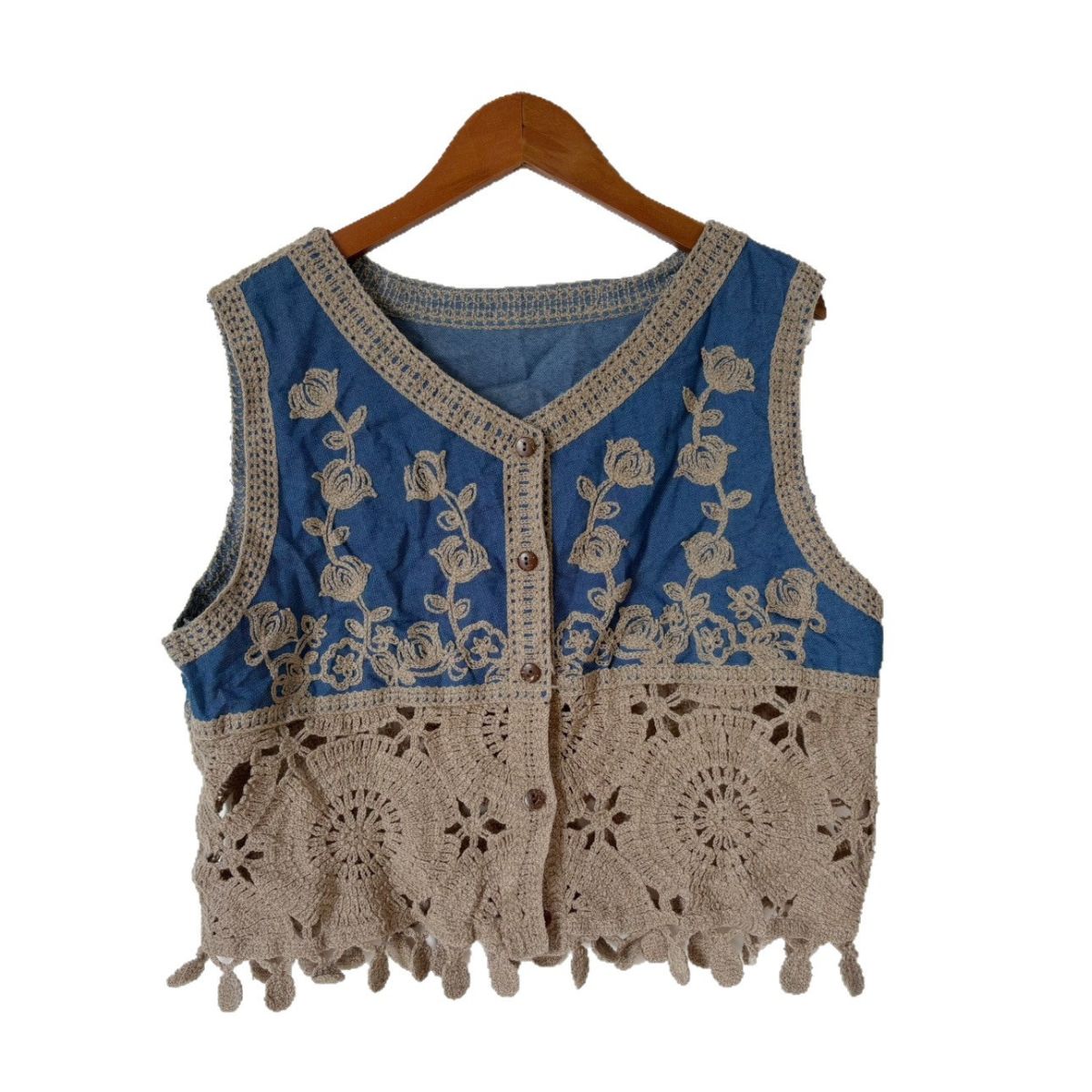 Floral-Embroidered Cut-Out Denim Vest