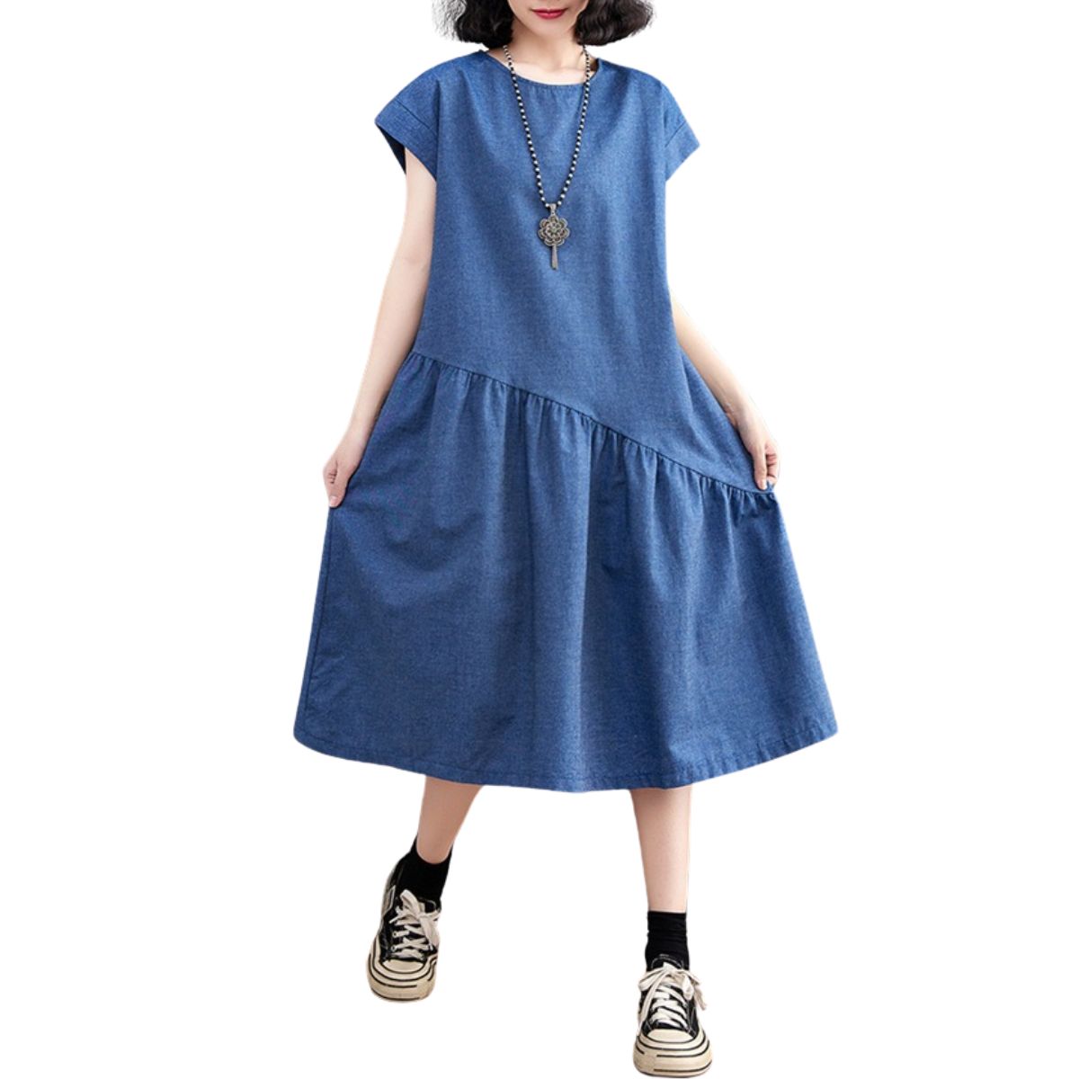 Vestido midi vaquero extragrande con mangas cortas