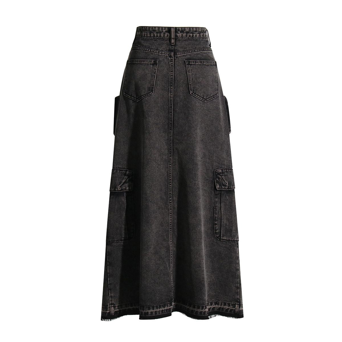 Raw Hem Cargo Denim Midi Skirt
