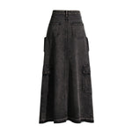 Raw Hem Cargo Denim Midi Skirt