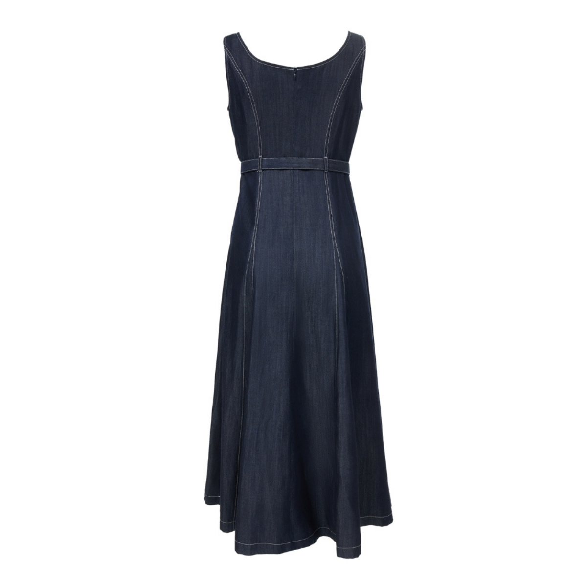 Dark Denim Belted Sleeveless Midi Dress