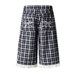 Washed Plaid Graphic Patchwork Bow Detail Relaxed Wide-Leg Capri Denim Pants