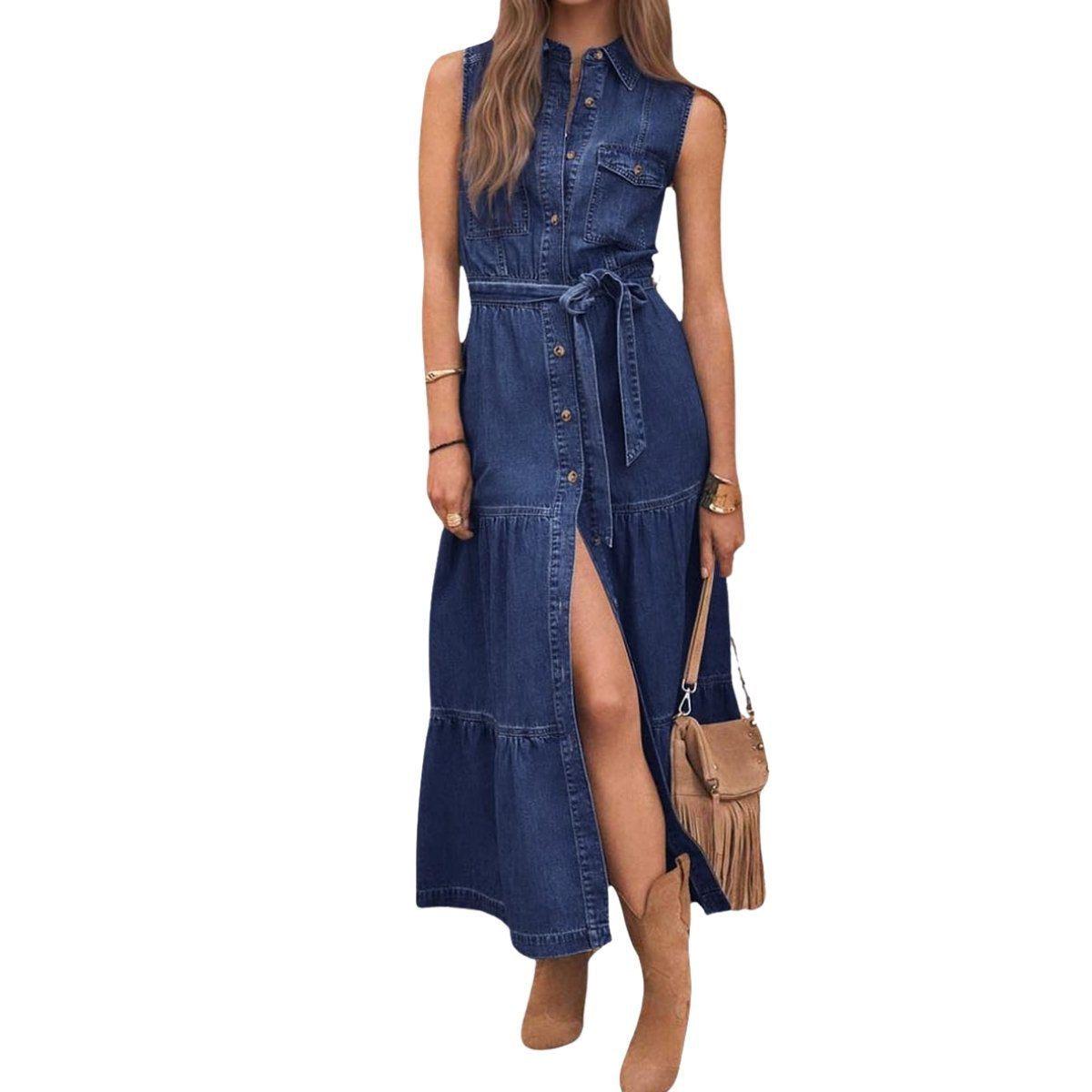 Vestido vaquero midi con cinturón y mangas cortas
