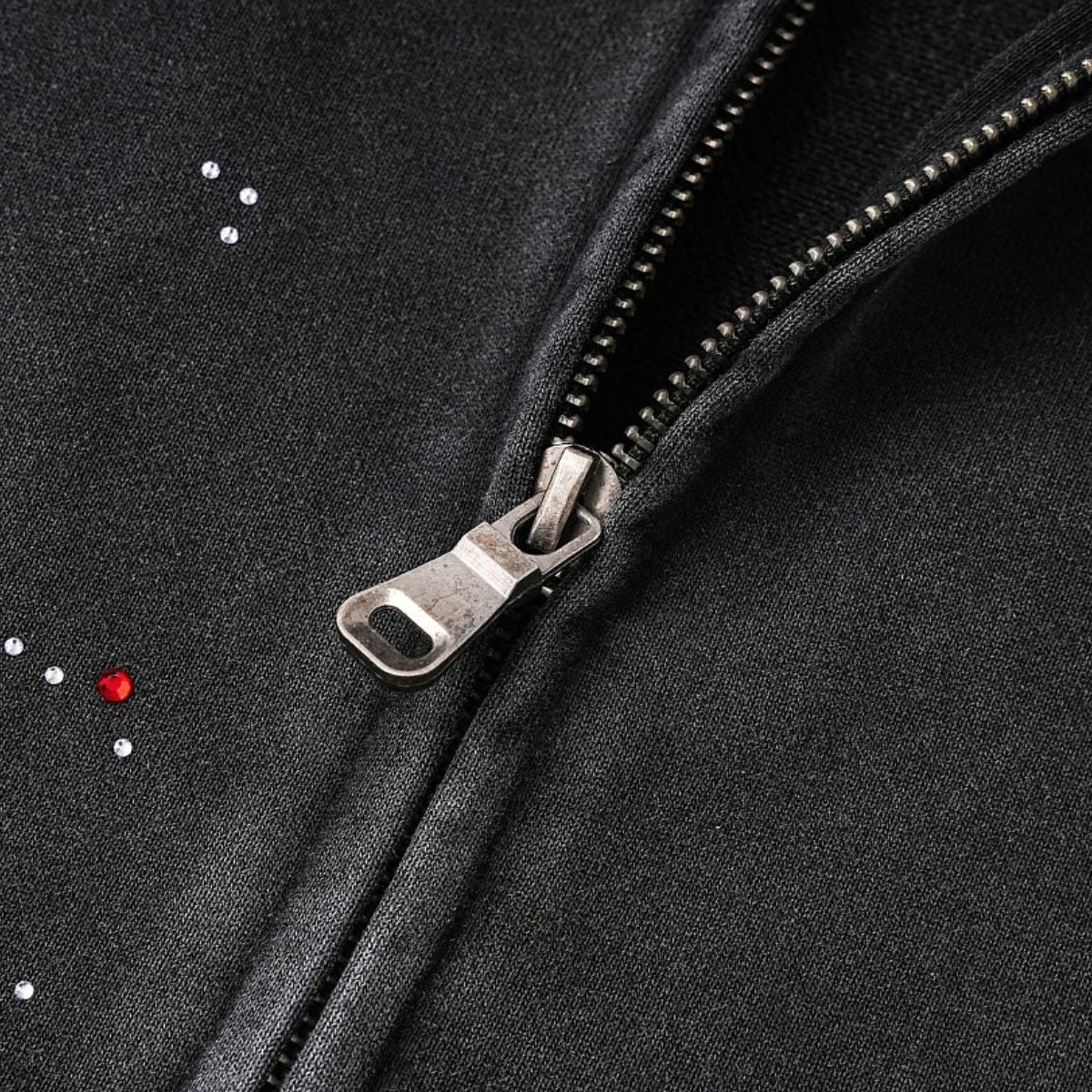 Snow Wash Sparkling Rhinestone Frayed Distressed Zip-Up Hoodie