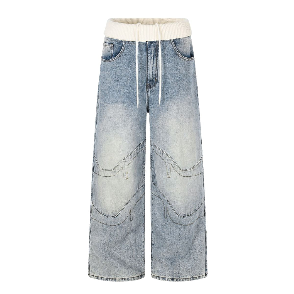 Contrast Waist Wide Straight Denim Jeans