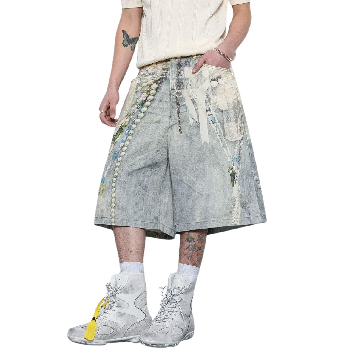 Vintage Graphic Print Relaxed Fit Denim Capri Shorts