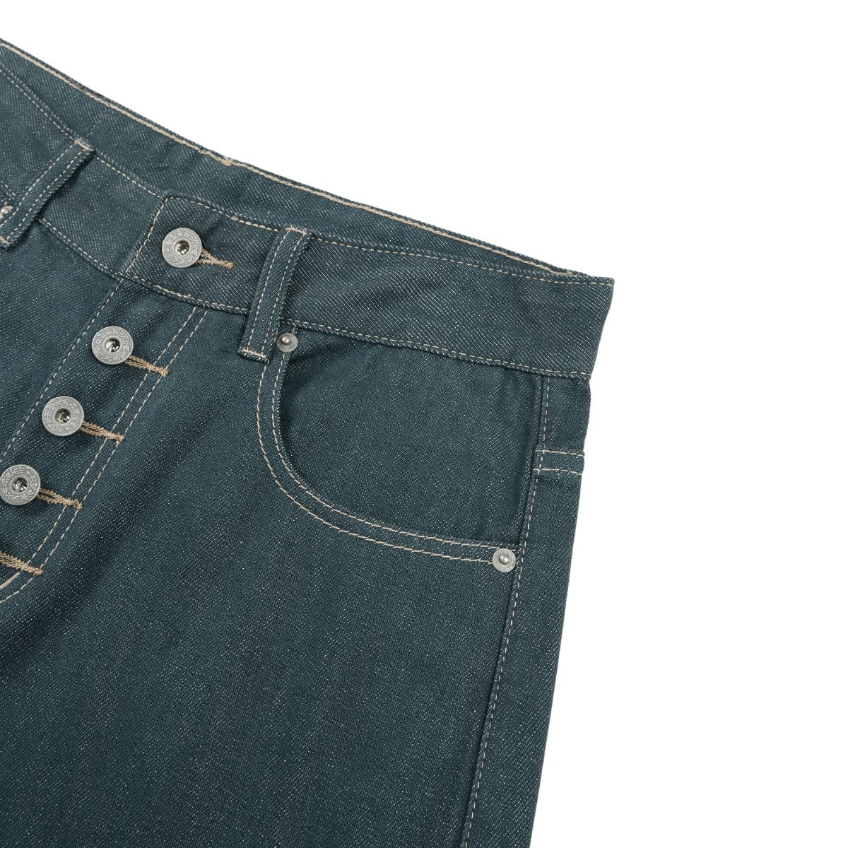 Raw Denim Jeans with Teal Multi‑Button Fly Design