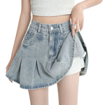 High-Rise Pleated Denim Mini Skirt