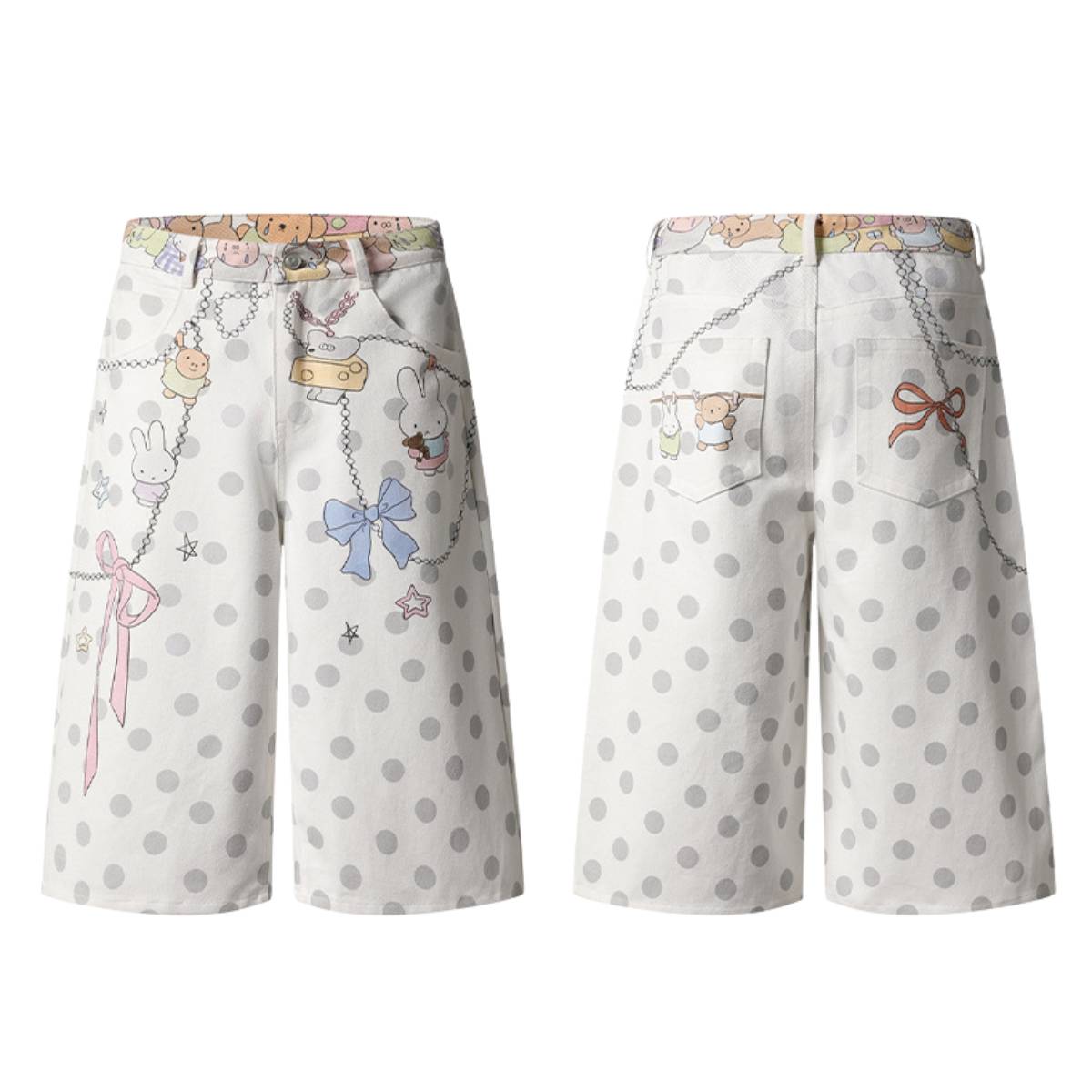 Washed Rabbit Print Polka Dot Bow Detail Relaxed Wide-Leg Bermuda Shorts