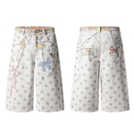 Washed Rabbit Print Polka Dot Bow Detail Relaxed Wide-Leg Bermuda Shorts