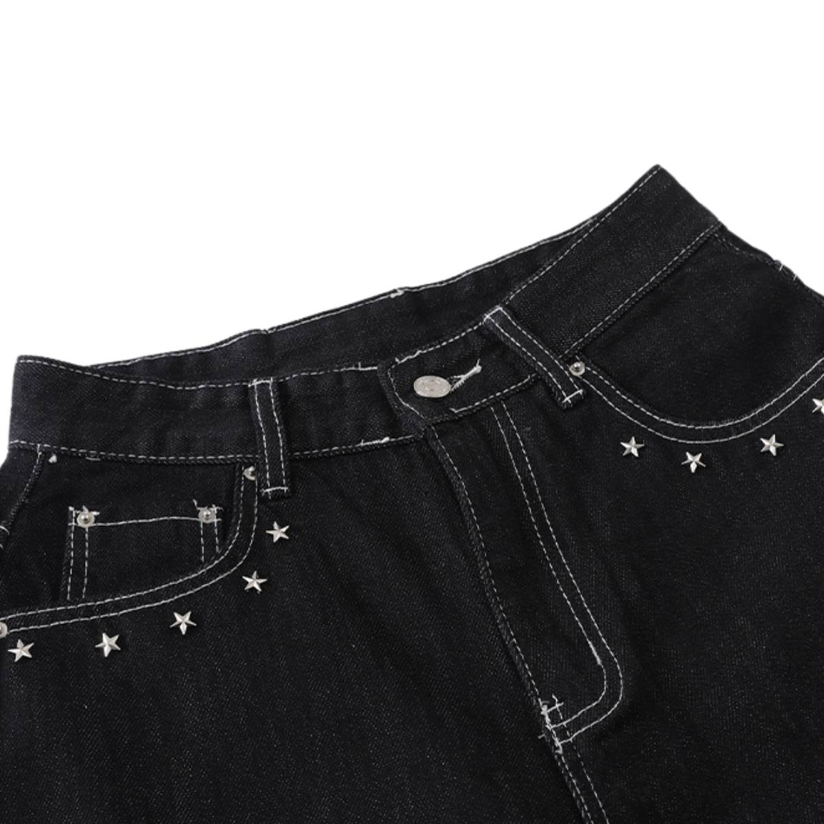 Retro Contrast Heart & Wings Patchwork High Rise Loose Draped Denim Jeans