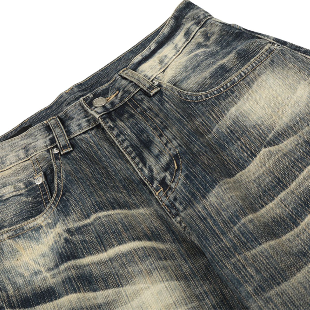 Men's Washed Faded Wide Leg Curved Denim Pants Distressed Punk