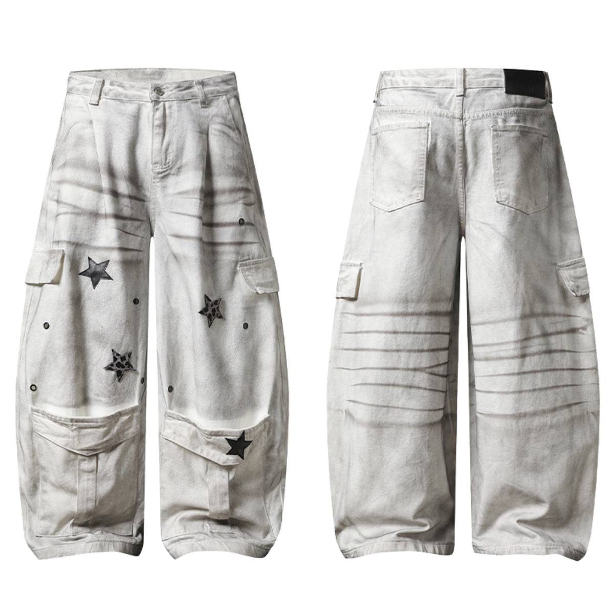 Vintage Wash Star Pattern Baggy Straight Leg Cargo Jeans