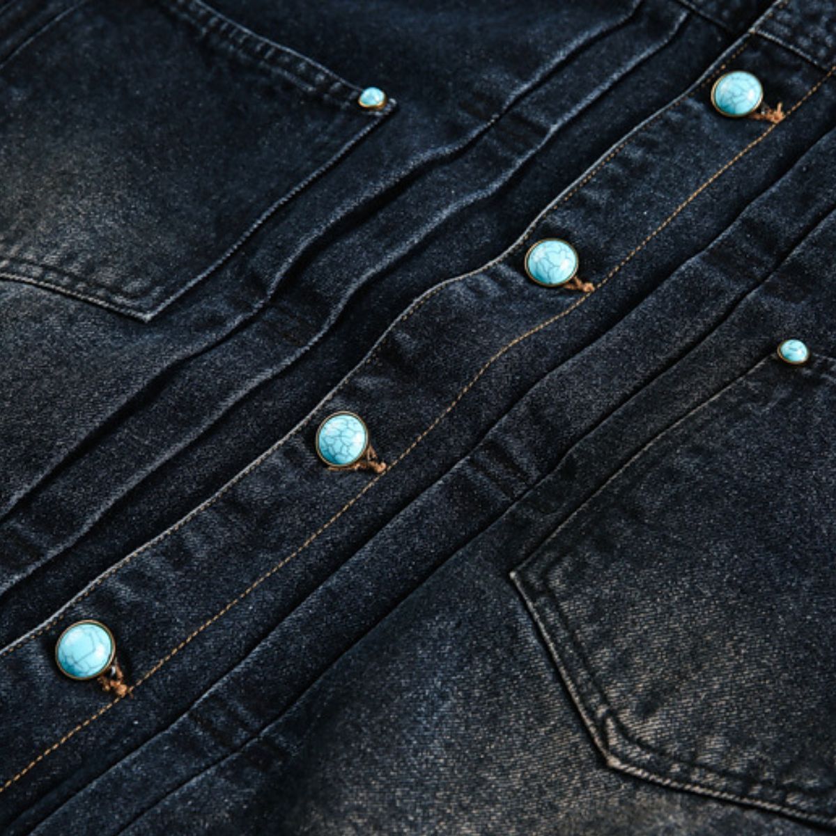 Original Sapphire Turquoise Button Retro Street Loose Washed Distressed Denim Jacket