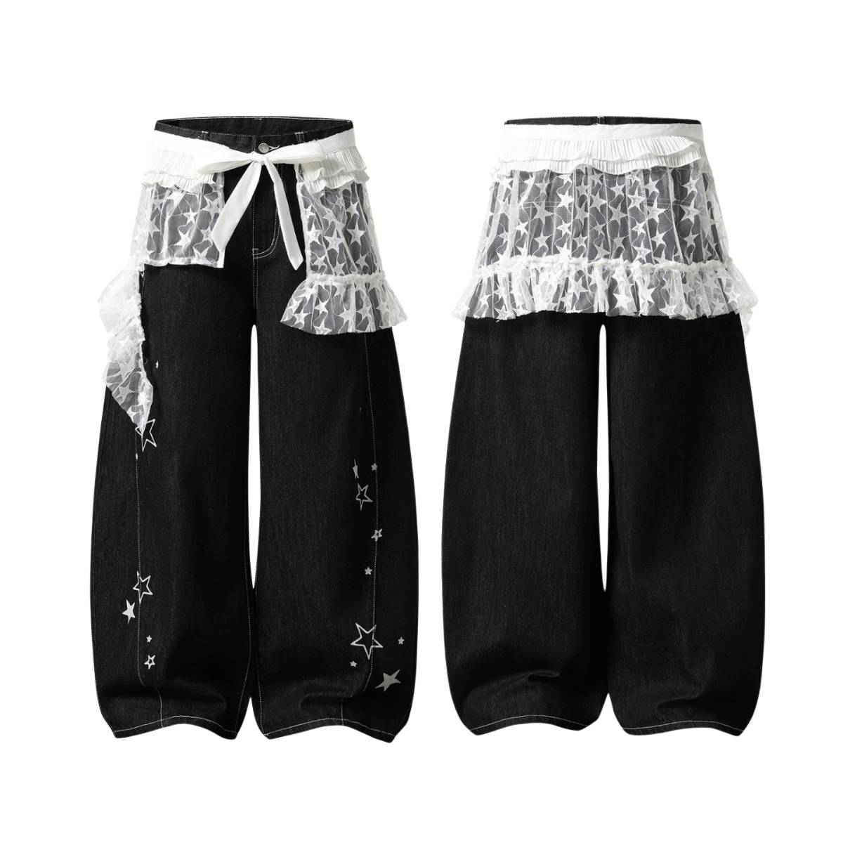 Y2K Star Mesh Layered Spliced Lace Baggy Wide-Leg Jeans