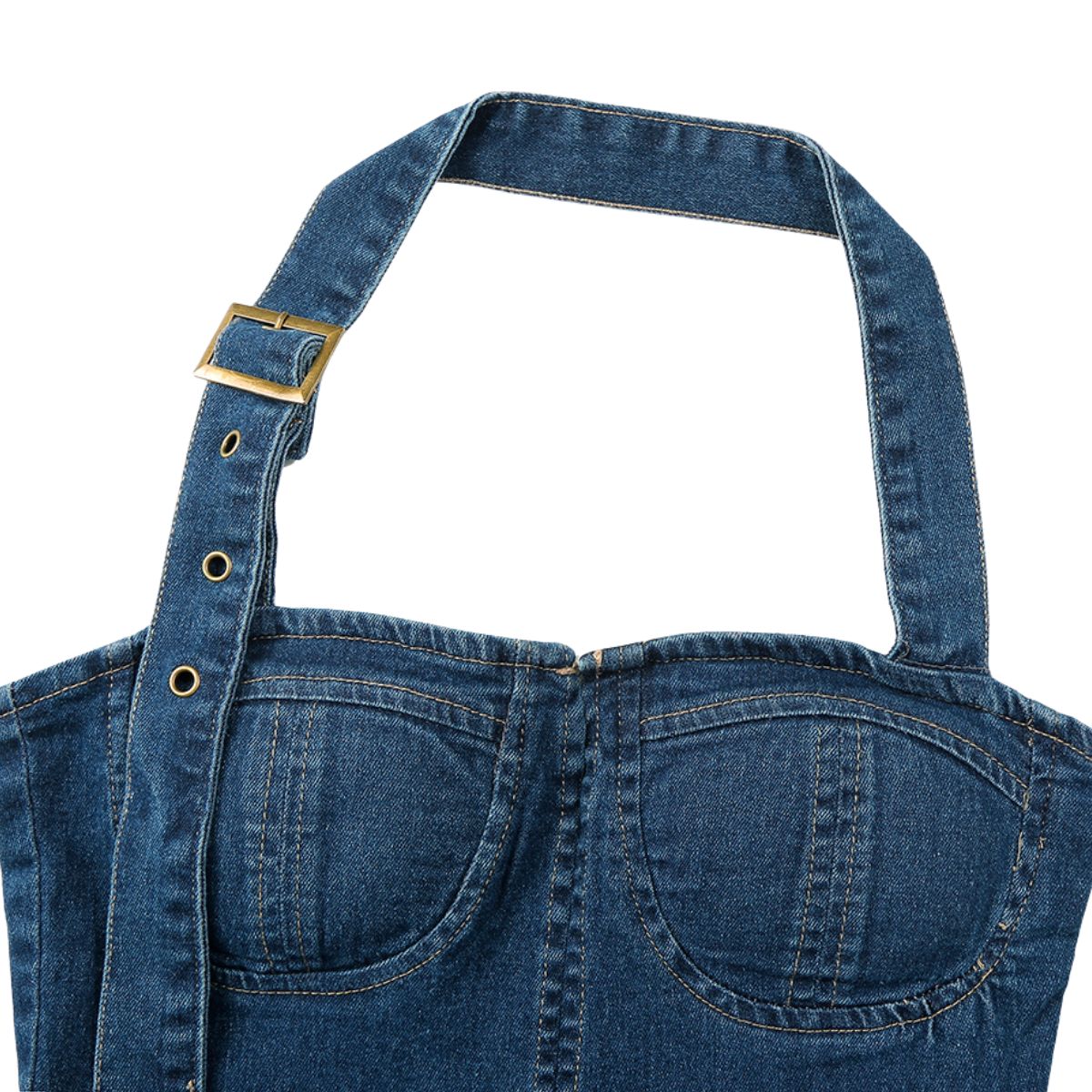 Halter Neck Fitted Denim Midi Dress