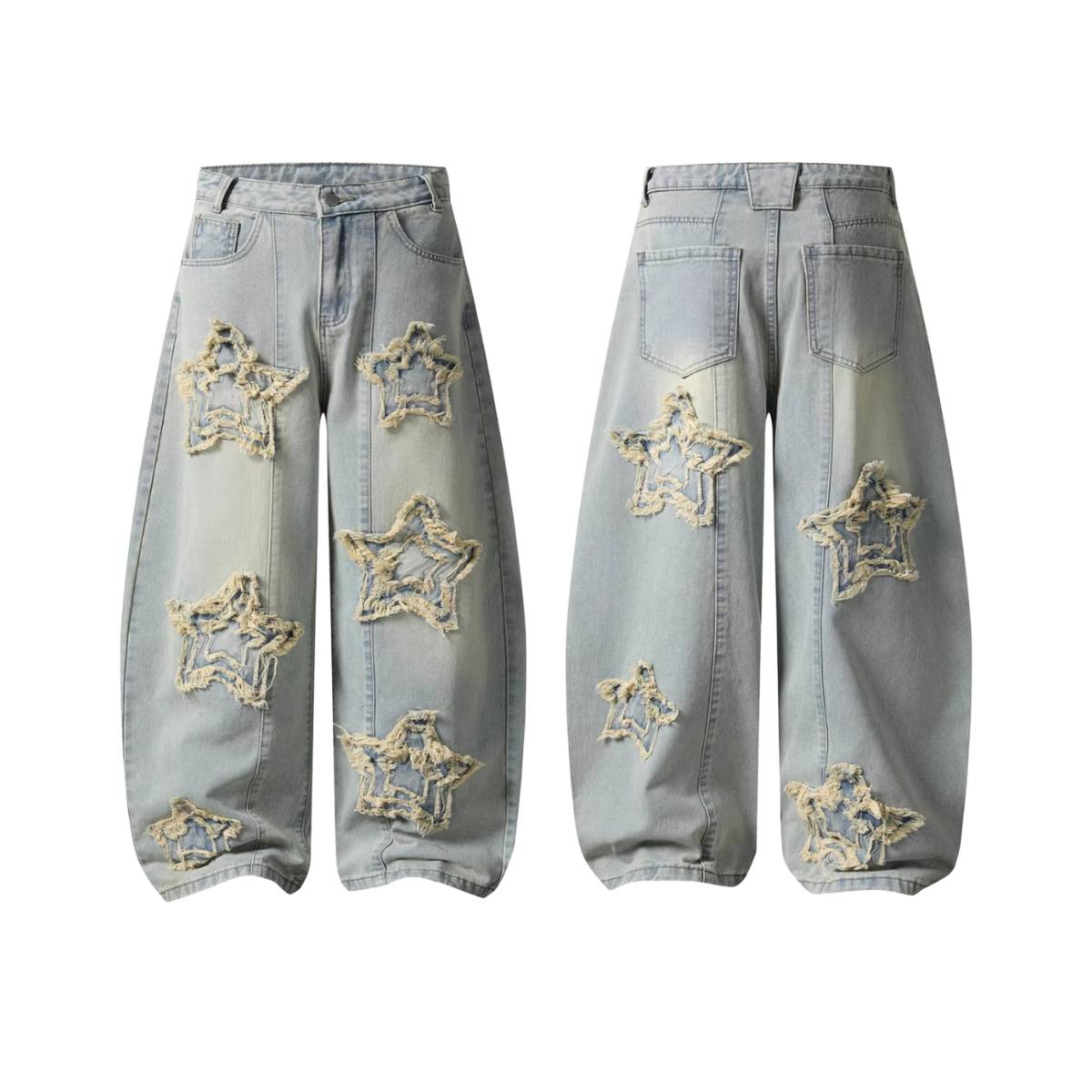 American Retro Frayed Hem Star Graphic Loose Fit Denim Trousers