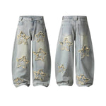 American Retro Frayed Hem Star Graphic Loose Fit Denim Trousers