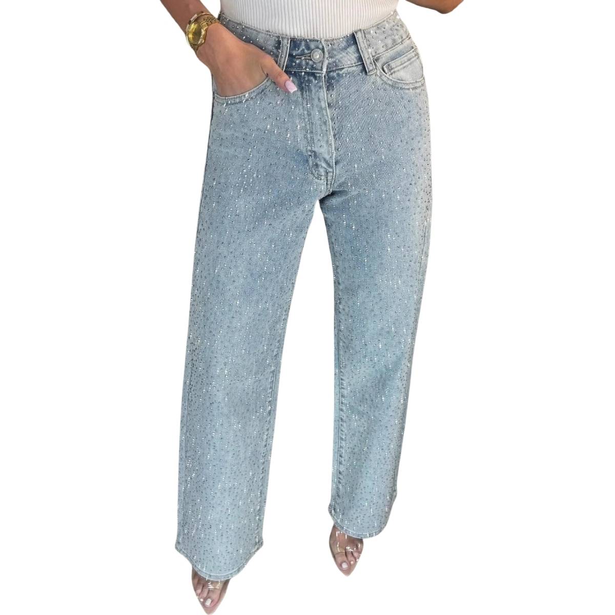 Y2K High WaistedStretch Rhinestone Wide Leg Jeans