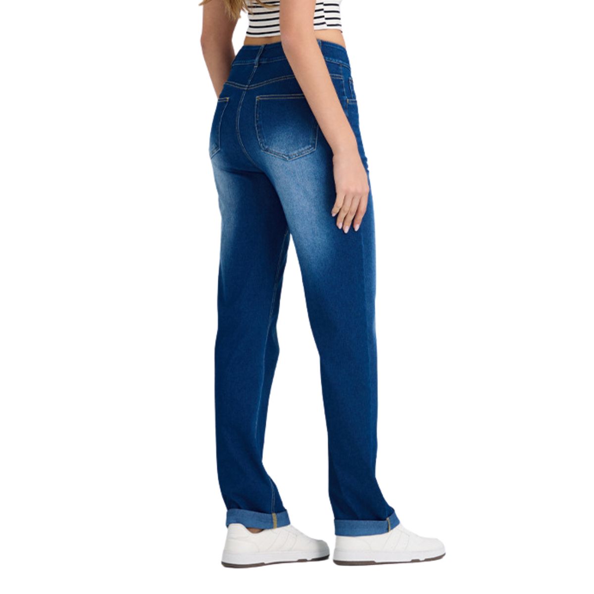 High Waisted Tummy Control Rolled Hem Straight Leg Washed Casual Jeans