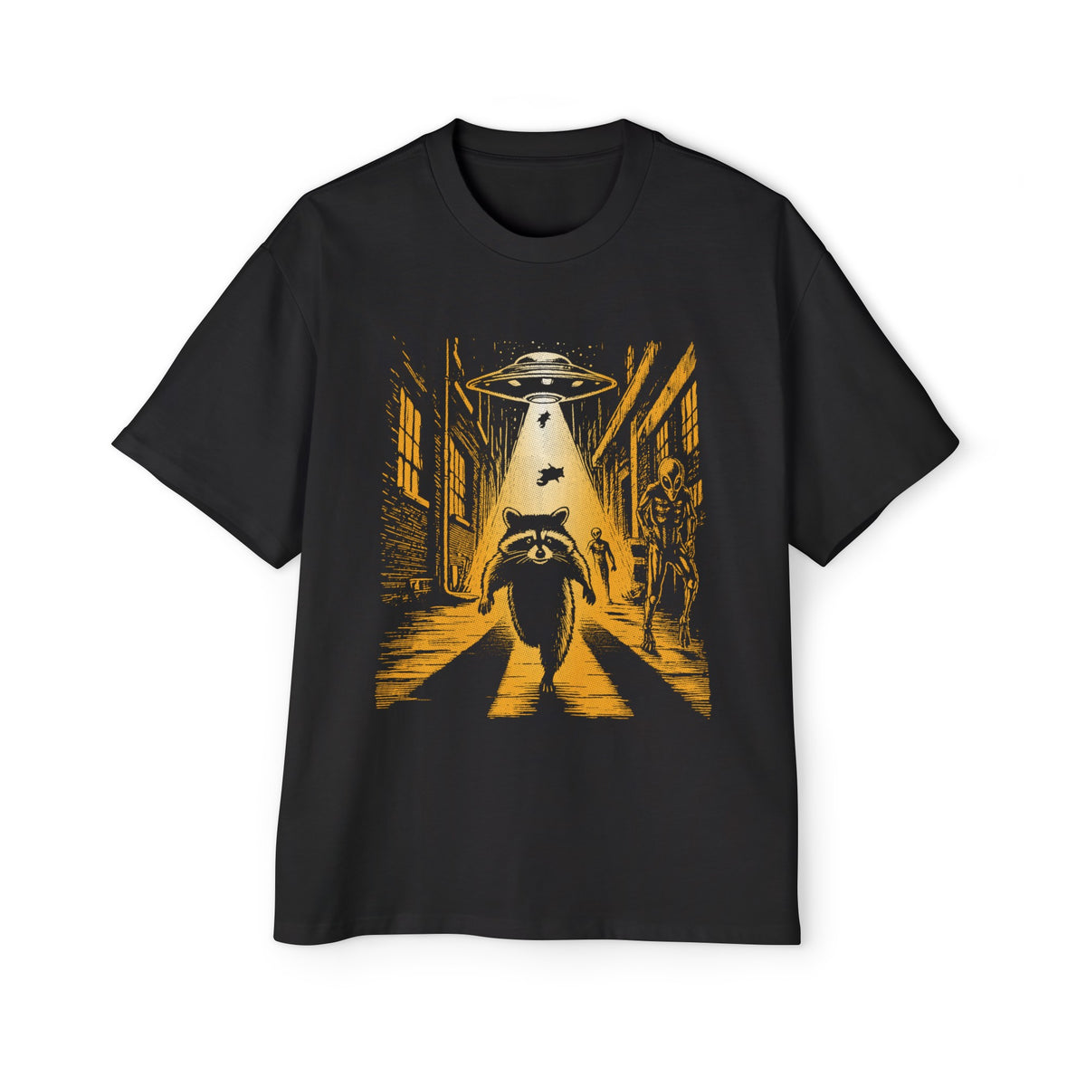 Raccoon Running Alien And UFO Graphic Tee-INNBLAC Fashion Apparel