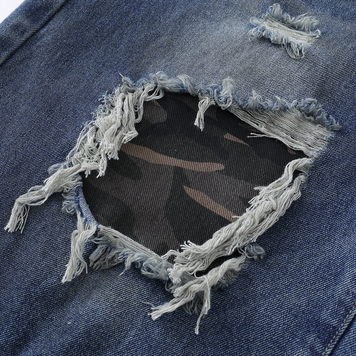 Ripped Patchwork Camo Denim Bermuda Shorts