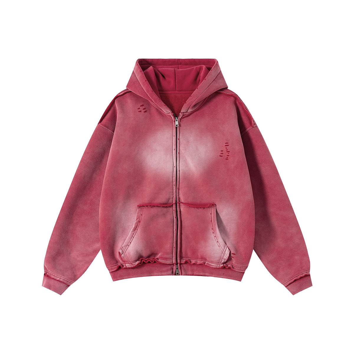 Front-Zip Raw Edge Ripped Hoodie