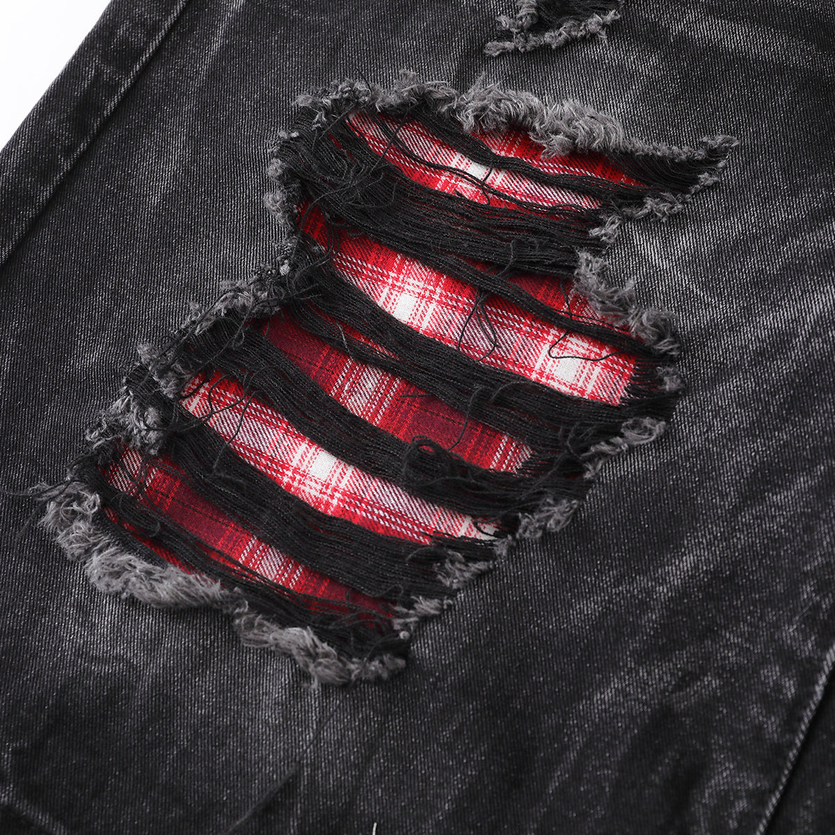 Ripped Patchwork Plaid Denim Bermuda Shorts