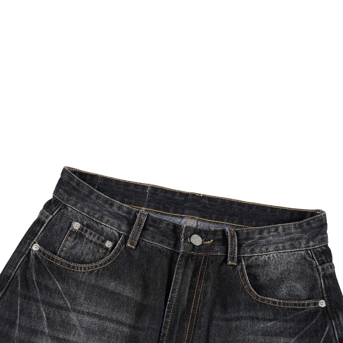 Faded Crackle Wash Baggy Curved Leg Denim Jeans