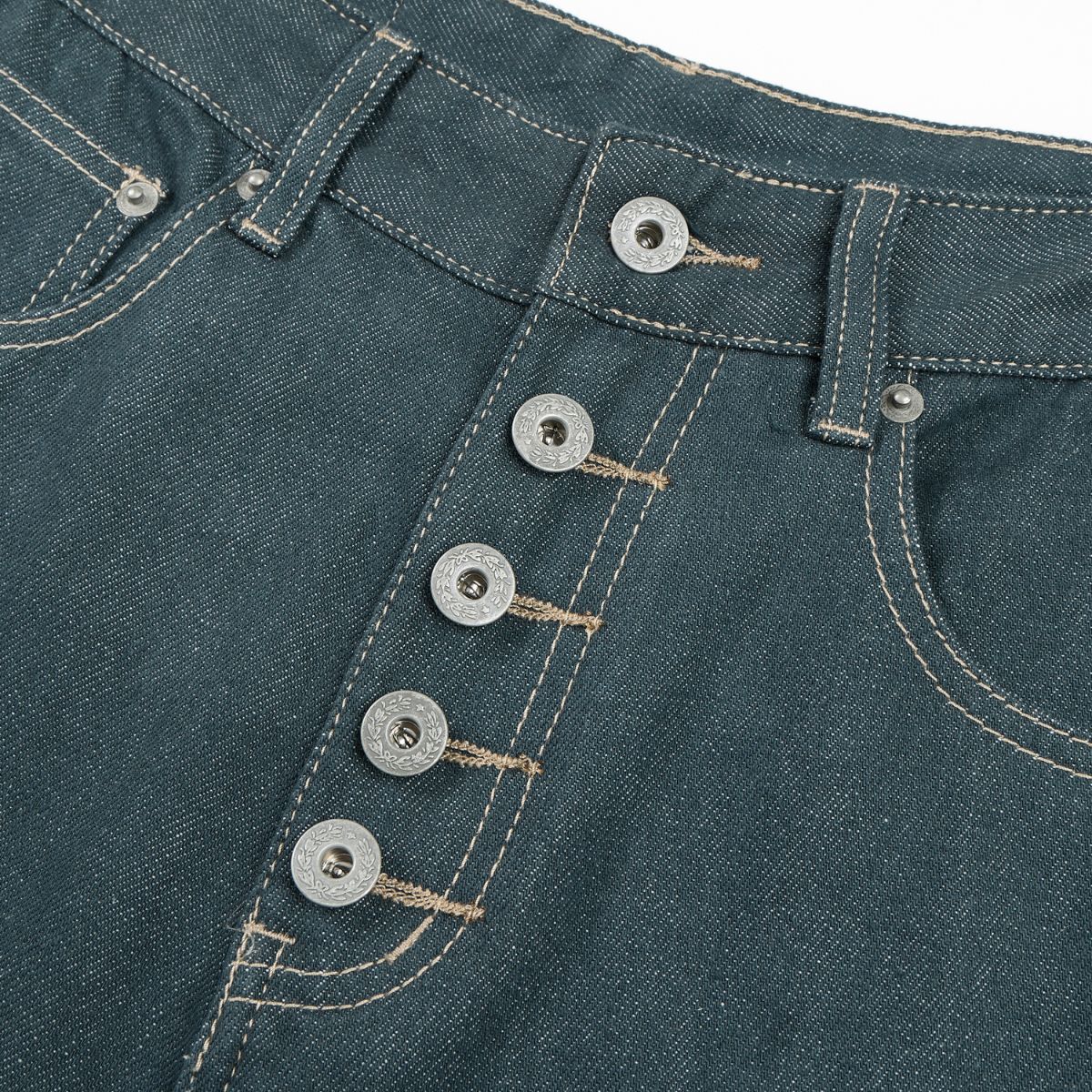 Raw Denim Jeans with Teal Multi‑Button Fly Design