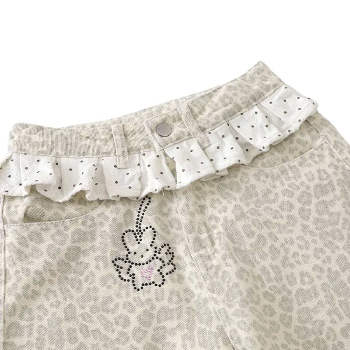 Leopard Print Polka Dot Ruffle Waist Rhinestone Graffiti Wide-Leg Jeans