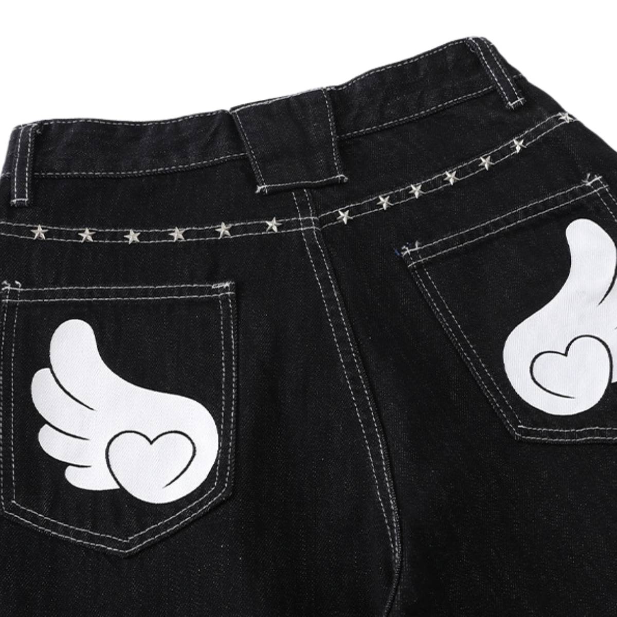 Retro Contrast Heart & Wings Patchwork High Rise Loose Draped Denim Jeans