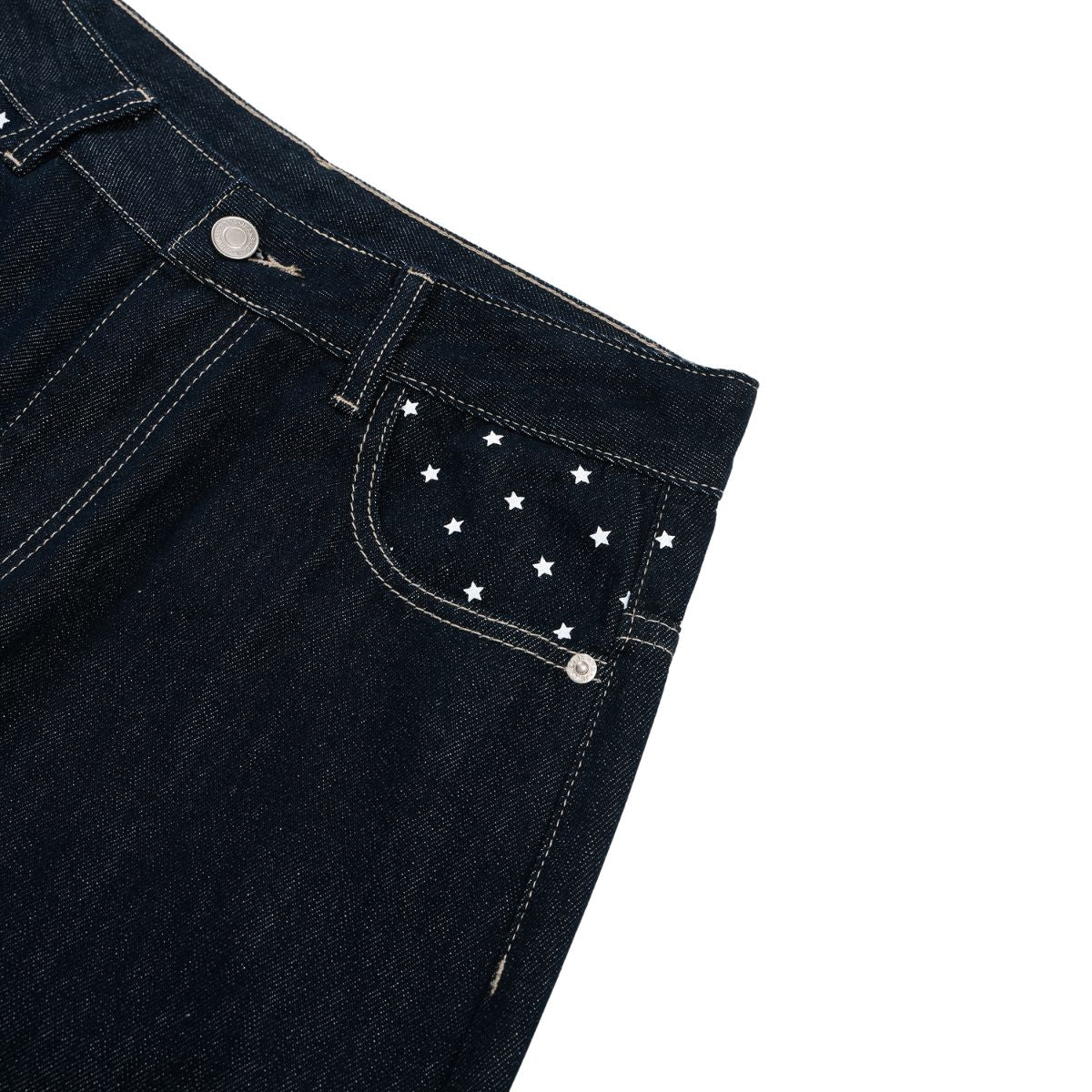 Star‑Print Curved Blade Raw Denim Jeans