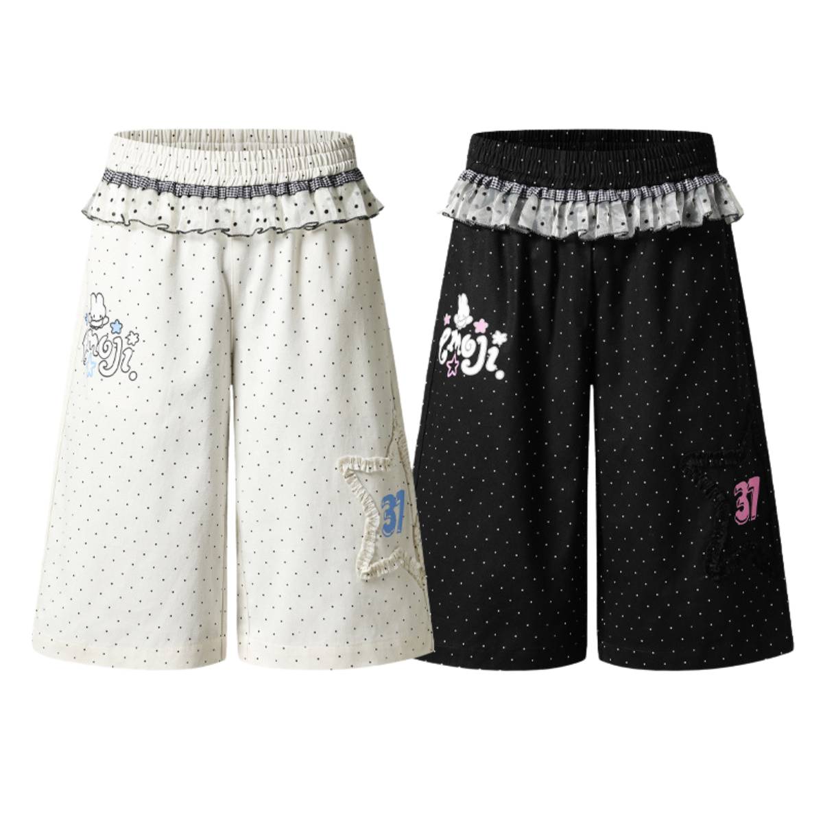 Y2K Polka Dot Graphic Ruffle Waist Baggy Wide-Leg Bermuda Denim Shorts