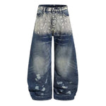 Paint Splatter Barrel Leg Denim Jeans with Rivet Details