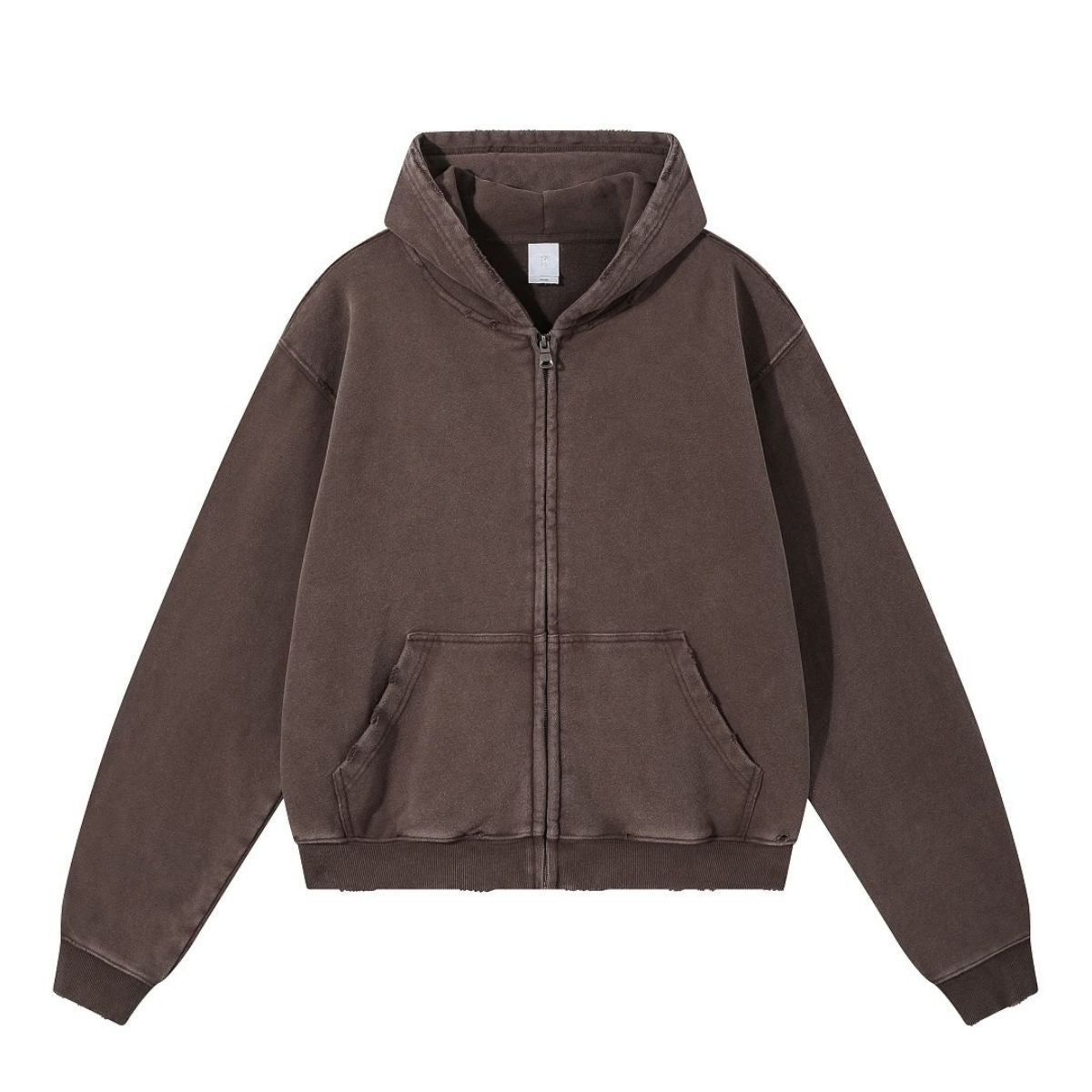 Boxy Cropped Stacked Sleeve Ripped Distressed Full Zip Hoodie