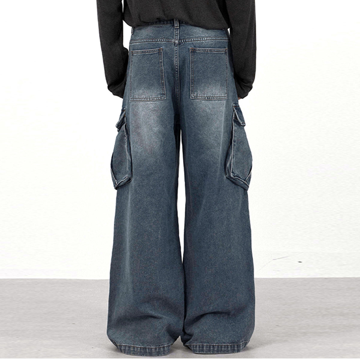 High Waisted Cargo Denim Pants Oversized Pockets Vintage Wash
